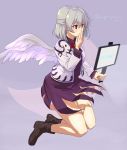  1girl bangs brown_footwear dress eyebrows_visible_through_hair full_body hair_between_eyes hand_to_own_mouth hand_up highres holding jacket kishin_sagume long_sleeves looking_to_the_side open_clothes open_jacket purple_dress red_eyes short_hair silver_hair single_wing solo touhou twitter_username white_wings wings 