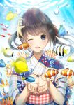  1girl ;d air_bubble blue_eyes brown_hair bubble coral cupping_hands eyebrows_visible_through_hair fish hair_ornament head_tilt japanese_clothes kanno_sayu kimono long_hair looking_at_viewer obi one_eye_closed open_mouth original sash smile star star_hair_ornament sunlight underwater upper_body 
