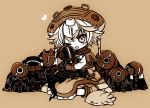  1girl :3 :d blush bondrewd boots brown_background capelet character_doll character_request chibi dress eyebrows_visible_through_hair gloves heart looking_at_viewer made_in_abyss meinya_(made_in_abyss) monochrome one_eye_closed open_mouth pouch prushka sakurazawa_izumi sepia short_hair simple_background sitting smile solo 