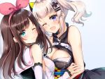  2girls ;) ;d a.i._channel aqua_eyes asymmetrical_docking bangs blue_eyes blush breast_press breasts brown_hair cleavage cleavage_cutout commentary detached_sleeves dress dutch_angle eyebrows_visible_through_hair hair_ornament hairband hairclip heart kaguya_luna kaguya_luna_(character) kisaragi_yuri kizuna_ai lace-trimmed_sleeves looking_at_viewer medium_breasts multicolored_hair multiple_girls one_eye_closed open_mouth pink_hair sailor_collar silver_hair simple_background sleeveless sleeveless_dress smile twintails upper_body 