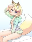  animal_ears between_legs blonde_hair blue_eyes breasts eyebrows_visible_through_hair fox_ears fox_tail hair_ornament hairclip hand_between_legs hand_up hood hoodie looking_at_viewer medium_breasts natsu_no_koucha no_bra no_pants open_clothes open_hoodie short_hair simple_background sitting smile tail white_background 