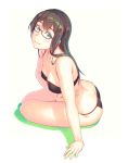  1girl arm_support ass bangs bare_arms bare_shoulders bikini black-framed_eyewear black_bikini black_hairband breasts brown_hair butt_crack cleavage closed_mouth from_side full_body glasses green_eyes hairband highres kantai_collection leaning_forward long_hair looking_at_viewer looking_to_the_side ooyodo_(kantai_collection) semi-rimless_eyewear shiny shiny_hair simple_background sitting smile solo strapless strapless_bikini swimsuit tareme thighs under-rim_eyewear water_drop wet wet_hair white_background yokozuwari yuuji_(and) 