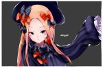  1girl abigail_williams_(fate/grand_order) akatone bangs black_bow black_dress black_hat blonde_hair blue_eyes blush bow character_name commentary_request dress fate/grand_order fate_(series) forehead grey_background hair_bow hand_up hat highres long_hair long_sleeves looking_at_viewer orange_bow parted_bangs parted_lips polka_dot polka_dot_bow simple_background sleeves_past_fingers sleeves_past_wrists solo very_long_hair 