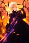  1girl absurdres armor armored_dress artoria_pendragon_(all) bangs dark_excalibur fate/grand_order fate_(series) gauntlets glowing glowing_sword glowing_weapon hair_between_eyes highres holding holding_sword holding_weapon looking_at_viewer parted_lips saber saber_alter short_hair sidelocks solo standing sword user_vgng7854 weapon yellow_eyes 