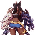  1girl alternate_costume animal_ears bare_shoulders black_hair blue_shorts chimera_(monster_girl_encyclopedia) claws clothes_writing contrapposto cowboy_shot dark_skin dragon english extra_eyes fur_trim goat grin highres horns long_hair looking_at_viewer mazume monster_girl_encyclopedia navel short_shorts shorts simple_background smile snake snake_tail solo standing sunglasses tail tank_top white_background 