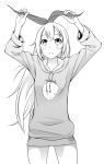  1girl :&lt; adjusting_hair_ornament blush cowboy_shot greyscale hairband hood hoodie iron_well_comic kirisaki_chitoge long_hair long_sleeves monochrome nisekoi simple_background solo very_long_hair 