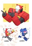  2boys 2koma 80s ^_^ akane_477 anger_vein angry autobot blaster_(transformers) blue_eyes cannon closed_eyes comic decepticon headphones multiple_boys music no_humans oldschool open_mouth red_eyes simple_background soundwave speaker standing transformers translation_request 