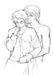 2boys arm_up bare_shoulders collarbone commentary_request dress_shirt glasses hand_in_pants hand_to_own_mouth monochrome multiple_boys muscle necktie original shangguan_feiying shirt short_hair yaoi 