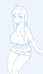  1girl bare_shoulders blue blue_background blush breasts cleavage closed_mouth ekz_(drawfag) fingerless_gloves gloves highres huge_breasts invisible_chair legs_together long_hair looking_at_viewer monochrome original shirt short_shorts shorts simple_background sitting sketch sleeveless sleeveless_shirt smile solo thick_eyebrows topknot 