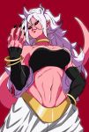  1girl alternate_form android_21 android_21_(evil) black_nails black_sclera bracelet breasts detached_sleeves dragon_ball dragon_ball_fighterz earrings fingernails harem_pants highres hoop_earrings imdsound jewelry lavender_hair long_hair majin_android_21 monster_girl nail_polish navel pants pink_skin pointy_ears red_eyes sharp_fingernails smile solo spoilers stomach tail upper_body white_hair 