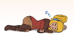  1girl blonde_hair boots closed_eyes commentary culottes ear_protection flat_color full_body half_updo headphones jacket joakim_sandberg lying on_side pantyhose robin_(the_iconoclasts) sketch sleeping solo the_iconoclasts thick_eyebrows zzz 