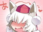  1girl ^_^ blush closed_eyes commentary_request hammer_(sunset_beach) hat head_only heart inubashiri_momiji open_mouth short_hair solo tokin_hat touhou translation_request white_hair 
