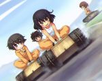  4girls :o arm_support black_footwear black_hair blue_eyes blurry blurry_background brown_eyes brown_hair commentary_request dark_skin day dust_cloud dutch_angle explosive eyebrows_visible_through_hair frown girls_und_panzer gloves goliath_tracked_mine green_eyes hoshino_(girls_und_panzer) indian_style jumpsuit long_sleeves looking_at_another looking_at_viewer mechanic messy_hair mine_(weapon) multiple_girls nakajima_(girls_und_panzer) open_mouth orange_jumpsuit outdoors riding road sankuma shirt shirt_pull shoes short_hair sitting sky smile standing suzuki_(girls_und_panzer) tank_top tied_shirt tsuchiya_(girls_und_panzer) v-shaped_eyebrows v_arms white_gloves white_shirt 