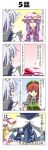  4koma 5girls absurdres bangs beret blonde_hair blunt_bangs bow braid breasts closed_eyes comic crescent crescent_hair_ornament eyebrows_visible_through_hair flandre_scarlet green_eyes grey_eyes hair_between_eyes hair_ornament hat hat_ribbon highres holding holding_knife hong_meiling izayoi_sakuya knife long_hair maid_headdress mob_cap multiple_girls open_mouth patchouli_knowledge purple_hair rappa_(rappaya) redhead remilia_scarlet ribbon smile star touhou translation_request twin_braids wings 