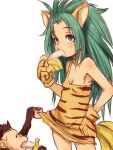  animal_ears animal_print banana cat_ears cham_cham e10 eating food fruit gloves green_hair monkey paku_paku paw_gloves paws samurai_spirits skirt skirt_lift tiger_ears tiger_print 