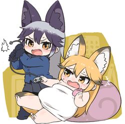  animal_ears barefoot bow bowtie bread breasts cleavage commentary controller covering ezo_red_fox_(kemono_friends) fat food fox_ears fox_tail fur-trimmed_sleeves fur_collar fur_trim game_controller gamepad gloves japari_bun japari_symbol kemono_friends kuro_(kurojill) multicolored_hair multiple_girls open_mouth personification pillow silver_fox_(kemono_friends) sitting super_famicom_gamepad tail towel 