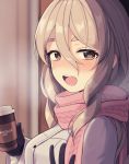  1girl alternate_costume black_gloves blush breasts breathing brown_eyes buttons coat coffee_cup cup door eyebrows_visible_through_hair gloves grey_hair hair_between_eyes hand_up highres holding holding_cup kantai_collection kinsenka_momi long_coat long_hair long_sleeves medium_breasts open_mouth pink_scarf pola_(kantai_collection) scarf sidelocks snow snowing solo tareme thick_eyebrows wavy_hair white_coat 
