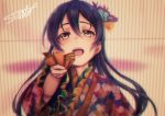 1girl bangs blue_hair blush close-up commentary_request fan floral_print flower folding_fan hair_between_eyes hair_flower hair_ornament japanese_clothes kimono long_hair looking_at_viewer love_live! love_live!_school_idol_project open_mouth solo sonoda_umi striped striped_background suito yellow_eyes 