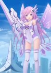  1girl bare_shoulders blue_eyes boots breasts cleavage cleavage_cutout covered_navel elbow_gloves eyebrows_visible_through_hair gloves hair_between_eyes hair_ornament highres leotard long_legs neptune_(series) outdoors pink_hair purple_sister skin_tight sky smile thigh-highs 