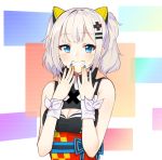  1girl :d animal_ears bangs black_dress blue_eyes blue_ribbon blush breasts bright_pupils cat_ears cleavage cleavage_cutout dress eyebrows_visible_through_hair fake_animal_ears grin hair_ornament hairclip hands_on_own_face highres kaguya_luna kaguya_luna_(character) looking_at_viewer medium_breasts multicolored multicolored_background multicolored_nail_polish nail_polish obi open_mouth ribbon sash shiny shiny_hair short_hair sleeveless sleeveless_dress smile solo teeth the_cold thigh-highs twintails underbust upper_body wristband 