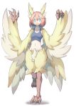  1girl 41n39 animal_ears blue_eyes blush breasts claws feathered_wings feathers harpy head_feathers head_wings highres midriff monster_girl original pink_hair simple_background small_breasts smile solo standing talons tank_top winged_arms wings yellow_feathers 