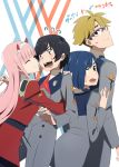  2boys 2girls ;p blue_hair darling_in_the_franxx glasses gorou_(darling_in_the_franxx) green_eyes highres hiro_(darling_in_the_franxx) ichigo_(darling_in_the_franxx) licking long_hair looking_back multiple_boys multiple_girls one_eye_closed pink_hair pink_x sandwiched short_hair simple_background sweatdrop tongue tongue_out uniform white_background zero_two_(darling_in_the_franxx) 