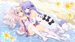  2girls ahoge animal_ears azur_lane beach black_bow black_ribbon blush bow breasts brown_eyes closed_eyes criss-cross_halter dress eyebrows_visible_through_hair flower from_above full_body hair_between_eyes hair_ribbon hairband halterneck highres jacket laffey_(azur_lane) long_hair looking_at_viewer lying medium_breasts mozzarella multiple_girls on_back open_clothes open_jacket parted_lips pink_jacket pleated_skirt red_skirt ribbon sand silver_hair skirt thigh-highs twintails unicorn unicorn_(azur_lane) very_long_hair violet_eyes water white_dress white_legwear 