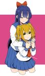  2girls blonde_hair blue_hair bow hair_bow highres hug hug_from_behind long_hair multiple_girls pipimi poptepipic popuko school_uniform scrunchie serafuku short_hair sidelocks twintails utenmp yellow_eyes 