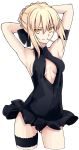  1girl arm_strap armpits arms_behind_head artoria_pendragon_(all) artoria_pendragon_(swimsuit_rider_alter) bangs bare_arms bare_shoulders black_ribbon black_swimsuit blonde_hair blush breasts breasts_apart casual_one-piece_swimsuit cleavage_cutout contrapposto covered_navel cowboy_shot cropped_legs fate/grand_order fate_(series) gluteal_fold groin hair_ribbon highres looking_at_viewer medium_breasts mouth_hold one-piece_swimsuit popsicle_stick ribbon short_hair sidelocks simple_background solo standing swimsuit swimsuit_skirt thigh_strap tsurime white_background yellow_eyes yuchio 
