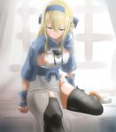  1girl ainu_clothes alternate_costume bed blonde_hair blush breasts dress green_eyes hair_between_eyes headband highres japanese_clothes kamoi_(kantai_collection) kamoi_(kantai_collection)_(cosplay) kantai_collection looking_at_viewer medium_breasts sideboob solo tama_(seiga46239239) warspite_(kantai_collection) white_background window 