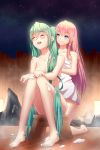  2girls aqua_hair barefoot blue_eyes closed_eyes female_only geduan hatsune_miku highres kneeling megurine_luka multiple_girls naked_towel night night_sky nude onsen open_mouth redhead sitting sky smile soap star_(sky) towel vocaloid washing_back 