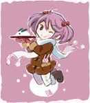  1girl animal_print boots bunny_print coat commentary_request gloves hair_between_eyes hair_bobbles hair_ornament kantai_collection long_sleeves one_eye_closed otoufu pantyhose pink_background pink_eyes pink_hair plate rabbit sazanami_(kantai_collection) scarf smile snow_bunny snowing twintails winter_clothes winter_coat 