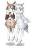  4139 bird_tail black_hair blush brown_coat brown_eyes brown_hair buttons coat eurasian_eagle_owl_(kemono_friends) fur_collar grey_coat grey_hair hair_between_eyes head_wings highres kemono_friends long_sleeves multicolored_hair multiple_girls northern_white-faced_owl_(kemono_friends) open_mouth short_hair tail tail_feathers white_hair white_legwear yellow_eyes 