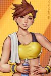  1girl bottle brown_hair earrings freckles hand_on_hip highres jewelry looking_at_viewer mirco_cabbia navel overwatch smile solo spiky_hair sports_bra stomach toned towel towel_on_one_shoulder tracer_(overwatch) upper_body water_bottle wristband 