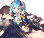  1boy 1girl :o black_cape blue_hair breasts brown_eyes brown_hair cake cape chains cleavage eating food gradient_hair horns lapis_(sennen_sensou_aigis) large_breasts multicolored_hair orange_hair panda_inu sennen_sensou_aigis sitting slice_of_cake white_neckwear 