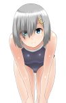 1girl 30-06 blue_eyes breasts competition_school_swimsuit eyes_visible_through_hair hair_ornament hair_over_one_eye hairclip hamakaze_(kantai_collection) highres kantai_collection looking_at_viewer medium_breasts school_swimsuit short_hair silver_hair smile solo standing swimsuit white_background
