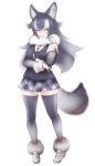  1girl animal_ears blue_eyes full_body grey_wolf_(kemono_friends) heterochromia ise_(0425) kemono_friends long_hair miniskirt multicolored_hair plaid plaid_neckwear plaid_skirt simple_background skirt solo standing tail thigh-highs two-tone_hair white_background white_hair wolf_ears wolf_tail yellow_eyes zettai_ryouiki 