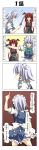  2girls 4koma absurdres apron ass bow braid breasts clenched_hand closed_eyes comic dying_message eyebrows_visible_through_hair grey_eyes hair_between_eyes hair_bow head_wings highres holding holding_knife izayoi_sakuya juliet_sleeves knife knifed koakuma long_hair long_sleeves lying maid maid_apron maid_headdress multiple_girls musical_note necktie on_stomach open_mouth puffy_sleeves rappa_(rappaya) red_eyes redhead sidelocks silver_hair smile touhou translation_request twin_braids white_background 