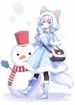  1girl alternate_costume black_legwear blue_eyes blush fur_trim hair_between_eyes hibiki_(kantai_collection) highres kantai_collection long_hair long_sleeves mittens motohara_moka pom_pom_(clothes) scarf silver_hair snow_bunny snowman solo tail thigh-highs 