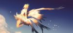  1girl bird blue_sky brown_hair card_captor_sakura clare_(543) closed_eyes closed_mouth clouds crown dress gloves gradient gradient_background highres kinomoto_sakura short_hair sky solo white_dress wings 