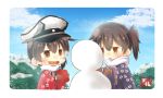  2girls :d artist_name blush brown_eyes brown_gloves brown_hair commentary_request dual_persona gloves hair_between_eyes hat holding kaga_(kantai_collection) kantai_collection long_sleeves mittens multiple_girls open_mouth peaked_cap short_hair side_ponytail smile snowman taisa_(kari) wide_sleeves 