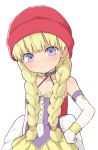  1girl bangs blonde_hair blunt_bangs blush braid commentary_request dragon_quest dragon_quest_xi elbow_gloves gloves hand_on_hip hat highres long_hair looking_at_viewer miniskirt purple_shirt red_hat shirt simple_background skirt solo standing twin_braids upper_body veronica_(dq11) violet_eyes white_background white_gloves yakihebi yellow_skirt 
