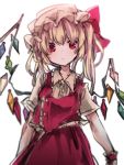  1girl arms_at_sides bangs blonde_hair bonnet bow brown_shirt commentary_request diamond_(symbol) dress_shirt flandre_scarlet hair_between_eyes hair_bow hat long_hair looking_at_viewer red_bow red_skirt sato_imo shirt short_sleeves simple_background skirt skirt_set solo touhou translation_request white_background wrist_cuffs 