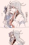  ... 2girls ainu_clothes belt blue_hair blush breasts closed_eyes dress gangut_(kantai_collection) grey_hair hair_between_eyes hair_ornament hairclip headband itomugi-kun jacket jacket_on_shoulders kamoi_(kantai_collection) kantai_collection kiss large_breasts long_hair looking_at_another medium_breasts military military_uniform multicolored_hair multiple_girls naval_uniform ponytail red_eyes red_shirt remodel_(kantai_collection) scar scar_on_cheek shirt silver_hair simple_background spoken_ellipsis translation_request uniform wavy_mouth white_hair yuri 