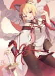  1girl :3 :d animal_ears blonde_hair blush braid breasts brown_eyes dated detached_sleeves dog_ears dutch_angle granblue_fantasy hair_ribbon hand_up head_tilt highres holding holding_sword holding_weapon legs_apart long_sleeves looking_at_viewer open_mouth pantyhose red_ribbon ribbon rope shimenawa shiny shiny_hair short_hair shoulder_cutout side_braid sideboob signature small_breasts smile solo standing sword tabard tareme twitter_username unsheathed vajra_(granblue_fantasy) weapon wide_sleeves yoshino_ryou 