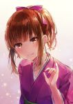  1girl backlighting bow brown_eyes brown_hair fang hair_bow hand_up head_tilt japanese_clothes kimono kurahashi_riko lanjeryman light_particles looking_at_viewer love_lab orange_hair pink_bow pinky_out ponytail sidelocks smile solo upper_body 