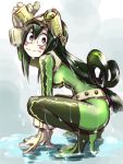  1girl asui_tsuyu bodysuit boku_no_hero_academia green_bodysuit green_hair kaazu long_hair looking_at_viewer solo squatting wet 