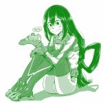  1girl asui_tsuyu bodysuit boku_no_hero_academia frog frog_girl green_hair hair_between_eyes long_hair low-tied_long_hair monochrome phuphu sitting solo thigh-highs 