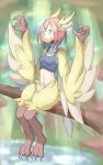  1girl 4139 animal_ears blue_eyes blush branch breasts claws feathered_wings feathers harpy head_feathers head_wings highres midriff monster_girl open_mouth original pink_hair pond sitting small_breasts solo talons winged_arms wings yellow_feathers 