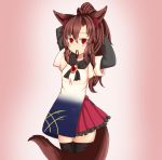  1girl adapted_costume adjusting_hair brown_hair commentary_request frilled_skirt frills haruirokomici imaizumi_kagerou long_hair long_sleeves moon_print mouth_hold red_eyes shirt short_sleeves skirt speech_bubble tail thigh-highs touhou wheat_print wolf_tail zettai_ryouiki 